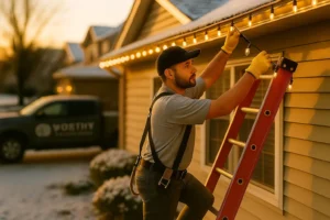 Warm white LED Christmas lights being professionally installed along a home’s roofline by Worthy Landscaping.