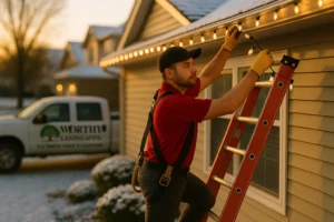 Technician on ladder from Worthy Landscaping installing cozy warm white Christmas lights across a house roof edge at dusk.