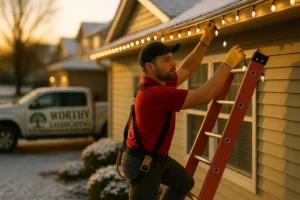 Worthy Landscaping installer decorating a residential roofline with warm white Christmas lights for professional holiday lighting service.