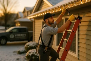 Overhead Christmas scene of Worthy Landscaping lights on roof