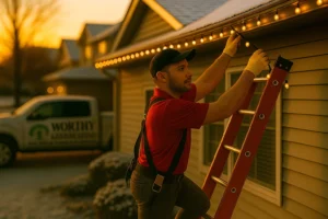Worthy Landscaping technician on ladder installing warm white roofline lights with illuminated tree behind the home.