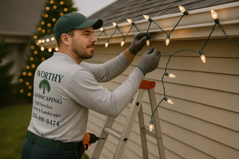 Worthy Landscaping technician on a ladder at dusk hanging warm white Christmas lights along a home’s roofline.