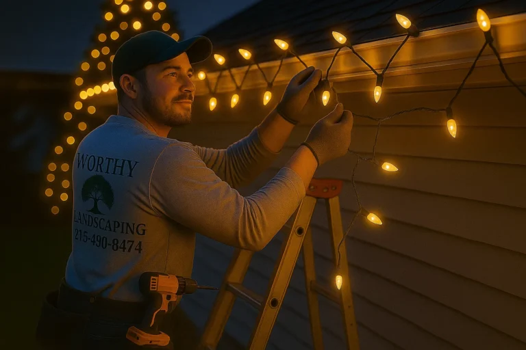 Home decorated by Worthy Landscaping featuring roofline Christmas lights