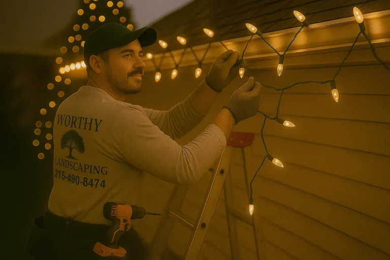 Professional holiday lighting by Worthy Landscaping showing roofline lights and bright tree wrapped in warm white bulbs.
