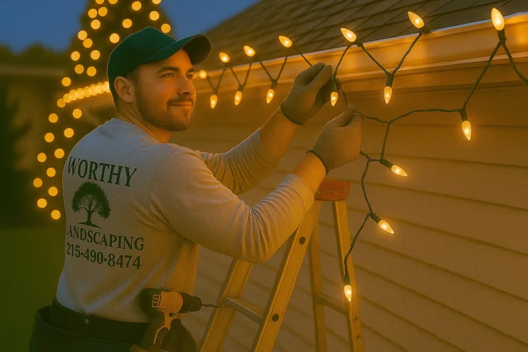 Worthy Landscaping technician on ladder installing warm white roofline lights with a branded service truck blurred behind.