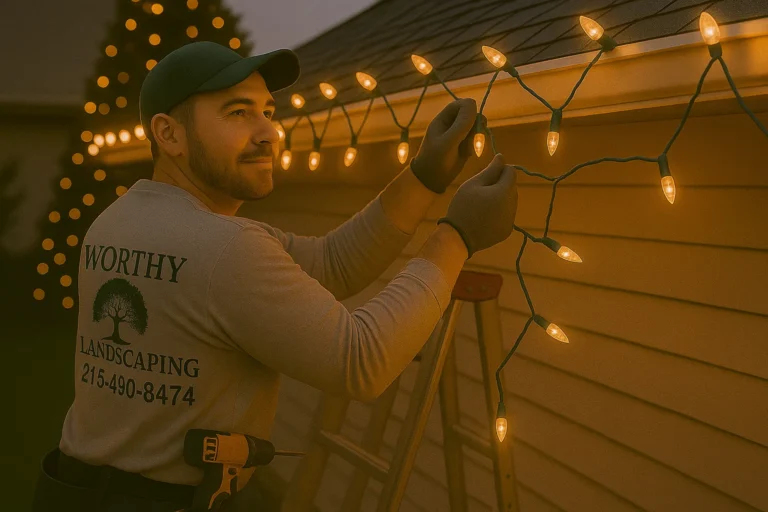 Christmas light installer from Worthy Landscaping working at sunset with the company truck softly visible in the background.