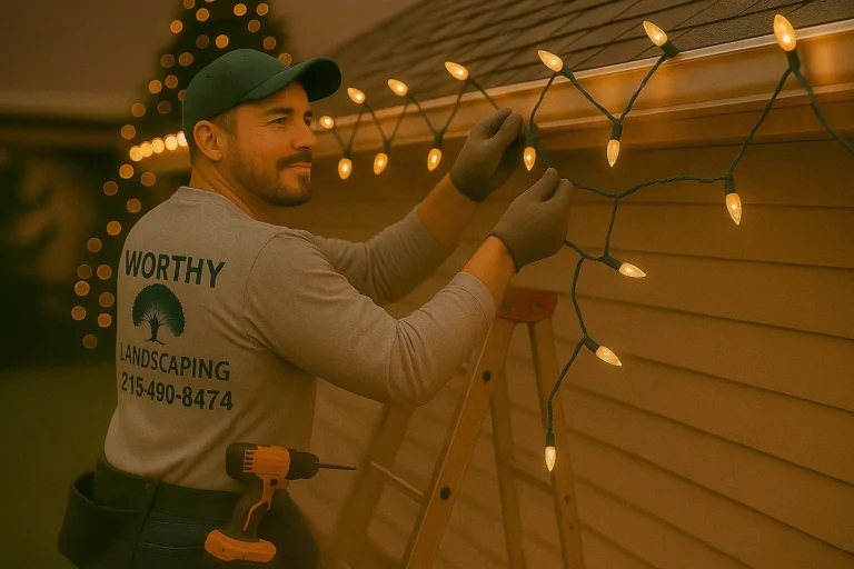 featuring ladder work on roofline and glowing tree behind.