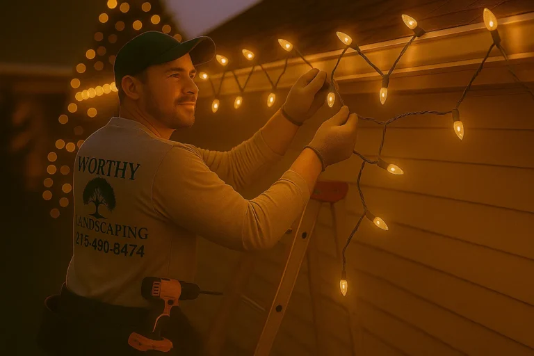 Worthy Landscaping holiday lighting expert installing warm white Christmas lights on home roof with tree lights visible.