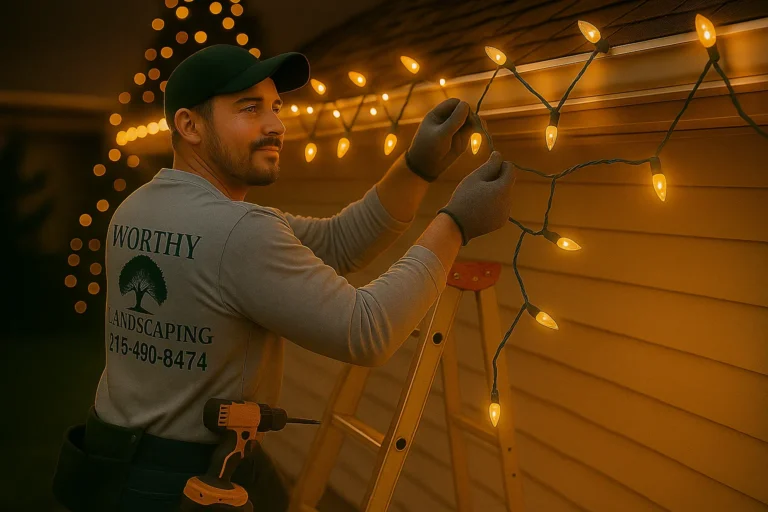 Twilight exterior of Worthy Landscaping technician completing roofline Christmas lights with bright tree in yard.