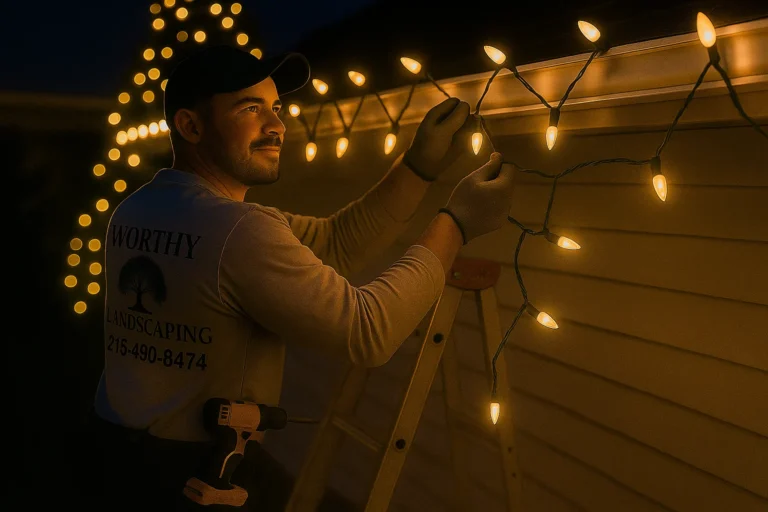 Professional Worthy Landscaping Christmas light installer working at dusk with warm white roofline and tree lights.