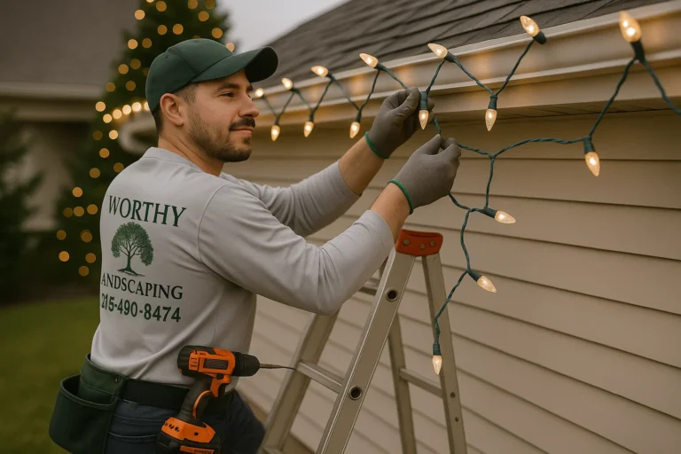 Christmas light installer from Worthy Landscaping carefully attaching warm white bulbs to a house roof at twilight.