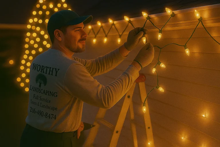 Side view of Worthy Landscaping technician on ladder clipping warm white Christmas lights along roofline trim.