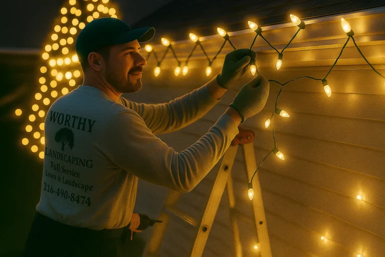 Worthy Landscaping Christmas light installer stretching warm white cords along house roof edge at dusk.