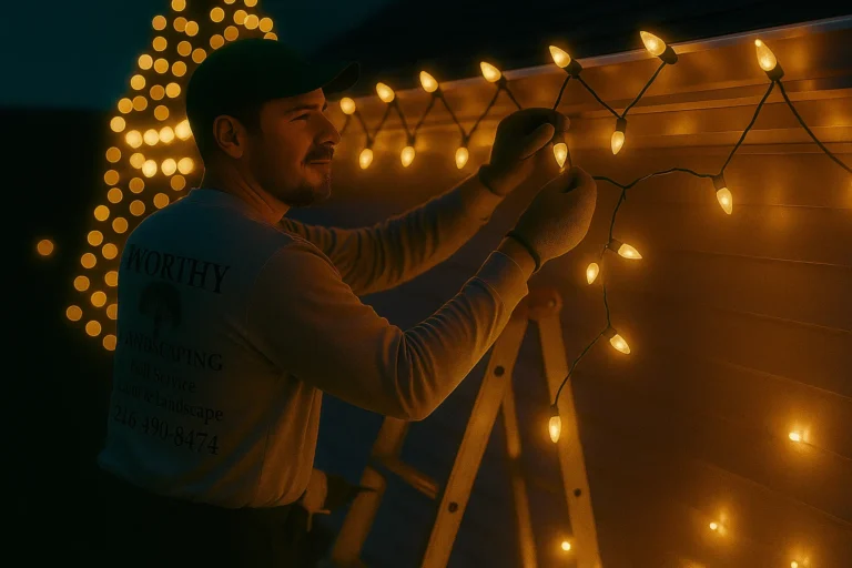 Roofline Christmas light hanging service by Worthy Landscaping with technician and glowing decorative tree behind.