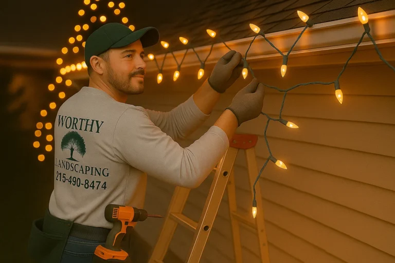Evening holiday scene with Worthy Landscaping tech on ladder and warm white lights framing roof and tree.