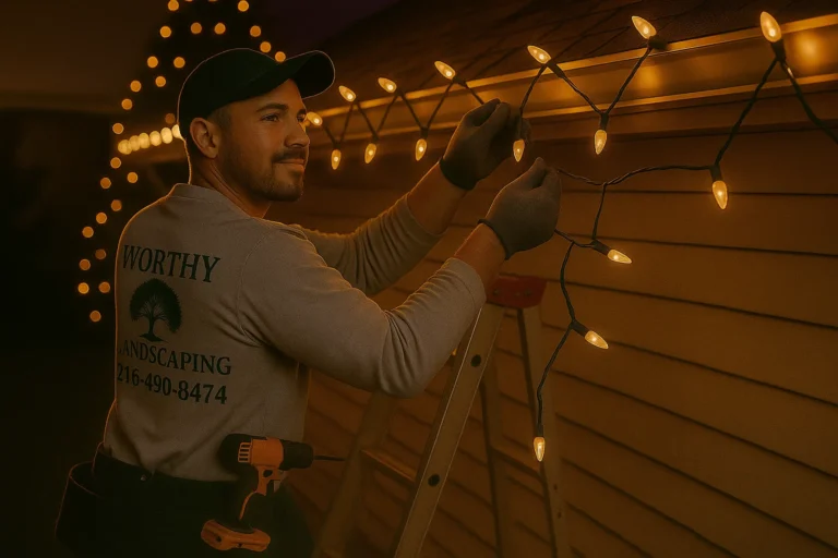 Worthy Landscaping professional carefully spacing warm white Christmas bulbs along home roofline at twilight.