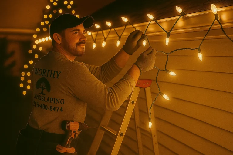 Close-up of Worthy Landscaping technician securing warm white LED Christmas lights to gutter clips on a home.
