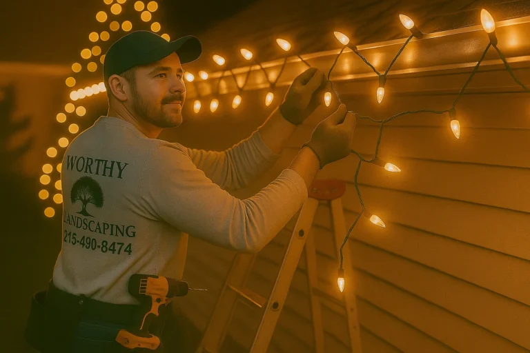 Worthy Landscaping installer adjusting warm white roofline lights as a lit Christmas tree glows in the background.