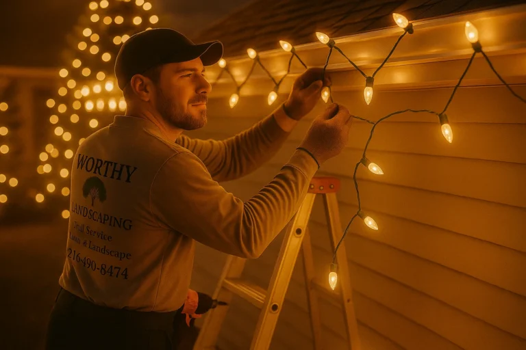 Professional Worthy Landscaping technician stringing warm white Christmas lights on a residential roofline in the evening.