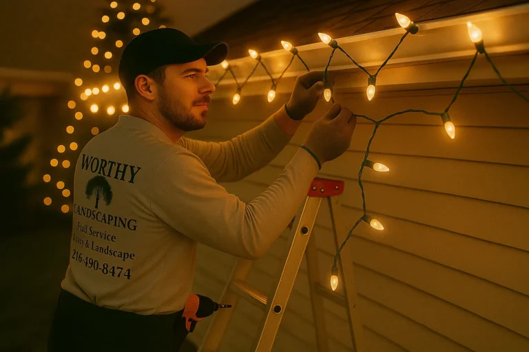 Dusk exterior view of Worthy Landscaping Christmas light installation with roofline and tree both glowing.
