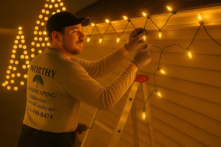 Residential home being prepared for the holidays with Worthy Landscaping installing warm white roofline lights.