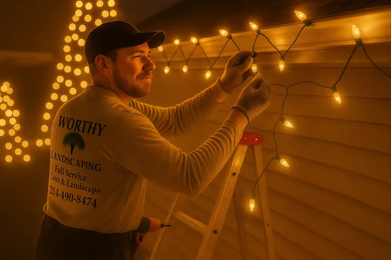 Worthy Landscaping technician on ladder silhouetted at dusk while hanging warm white Christmas lights on a roof.