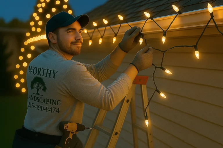Front yard view of Worthy Landscaping roofline installation and bright tree wrapped tightly in warm white lights.