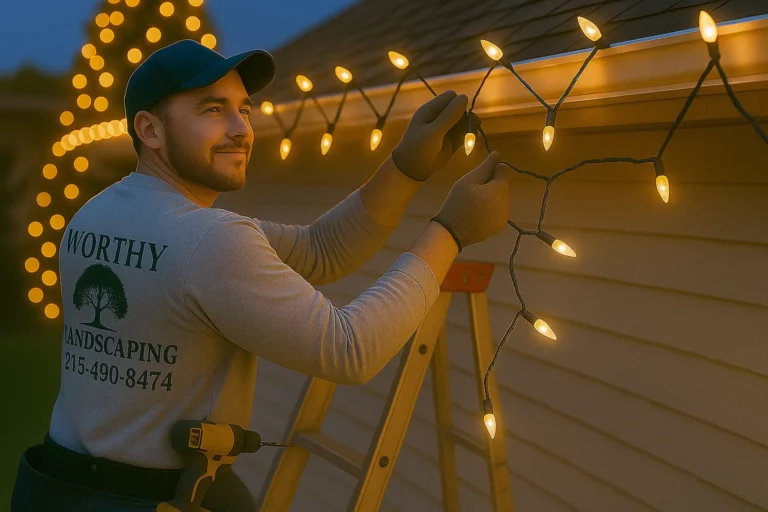 Roofline Christmas lighting by Worthy Landscaping with sparkling tree of lights creating a festive backdrop.