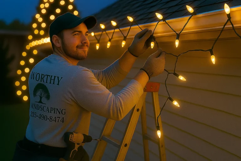 Professional Worthy Landscaping holiday lighting service featuring warm white roofline bulbs and glowing tree.