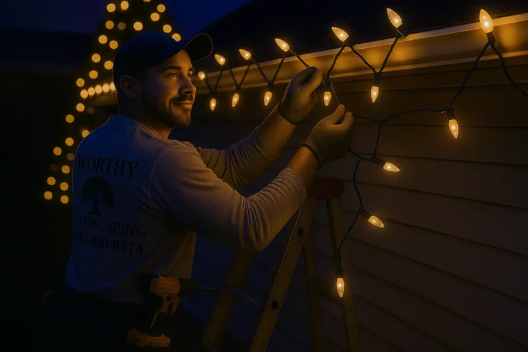 Evening roofline Christmas light install by Worthy Landscaping technician with tree lights shining in distance.