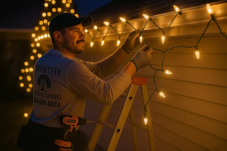 Dusk photo of Worthy Landscaping installer on ladder placing warm white Christmas lights on home roof edge.