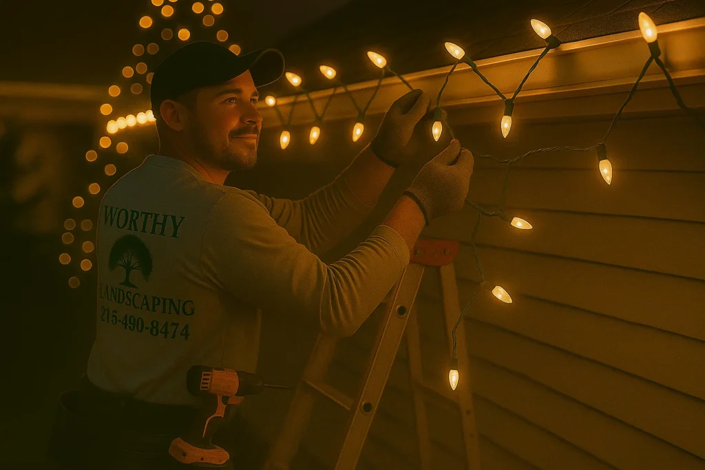 Worthy Landscaping installer finishing warm white Christmas light run along home roofline as night approaches.