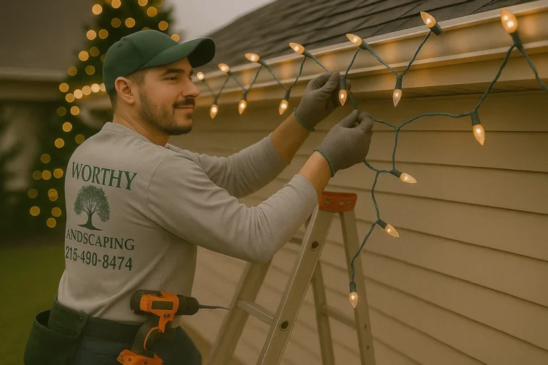 Worthy Landscaping crew member carefully hanging warm white holiday lights along the front roofline of a house.
