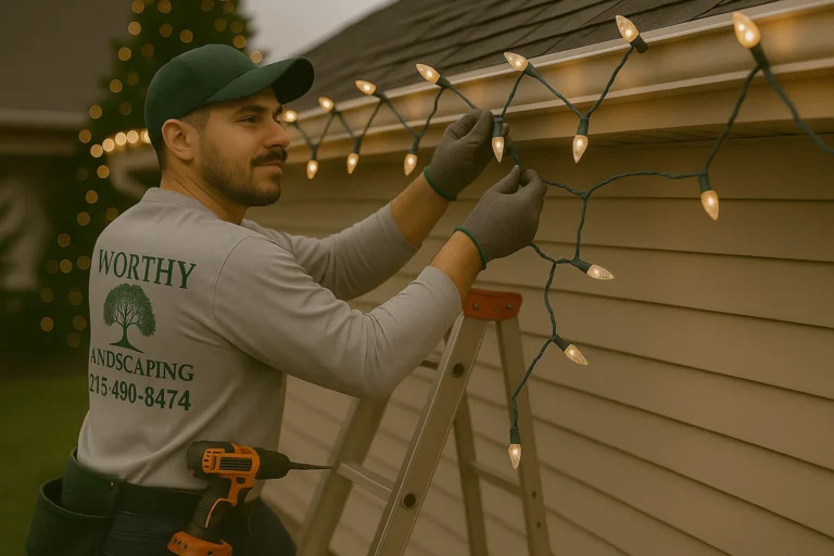 Holiday light installer on a ladder securing warm white Christmas roofline lights for a Worthy Landscaping customer.