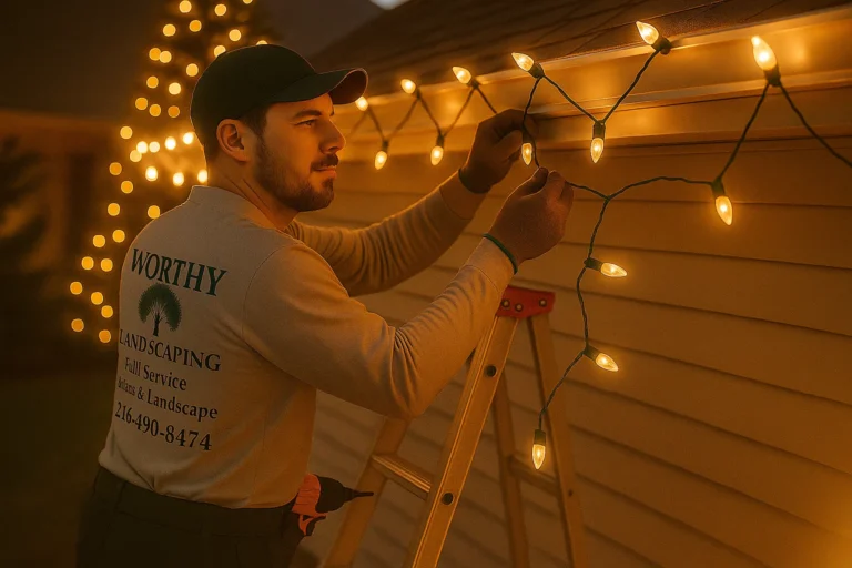 and illuminated reindeer near a wrapped tree.