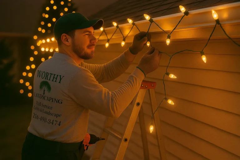 Aerial night view of Worthy Landscaping installation with warm white roof lights and a wrapped tree beside glowing reindeer.
