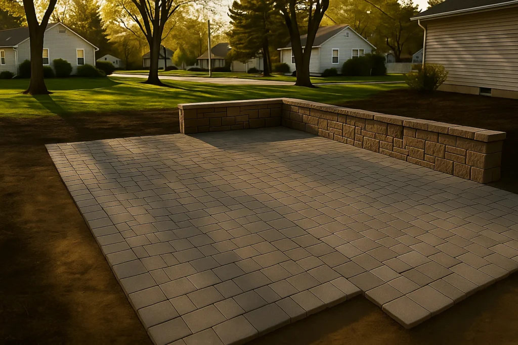 Hardscaping Services by Worthy Landscaping in Delaware County showcasing a newly installed paver patio with a low stone retaining wall in a suburban backyard at sunset.