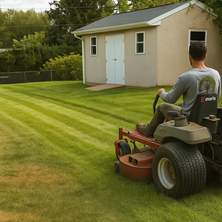 technician steering the mower carefully around dry patches to encourage more even regrowth.