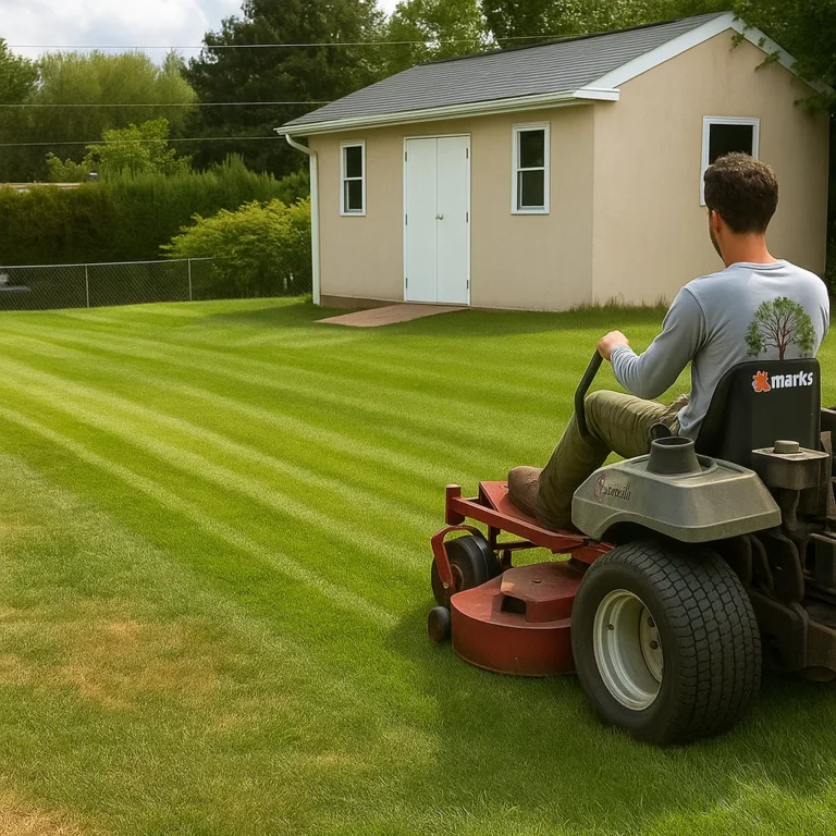 wide view of a backyard where fresh stripes stretch toward a small outbuilding.