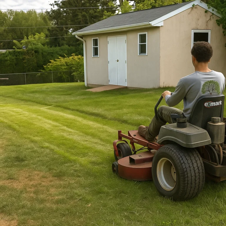 stand‑on mower gliding over lush turf to maintain a thick