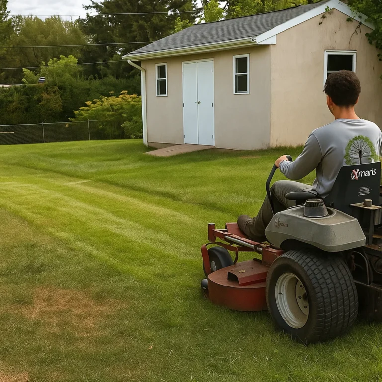 mowing near trees and utility lines with careful passes to avoid obstacles and protect the lawn.