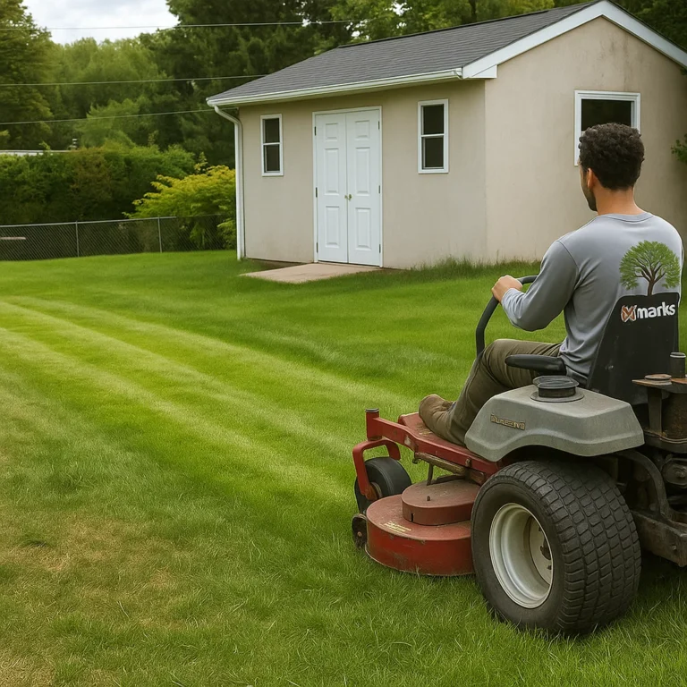 operator guiding a riding mower away from the house