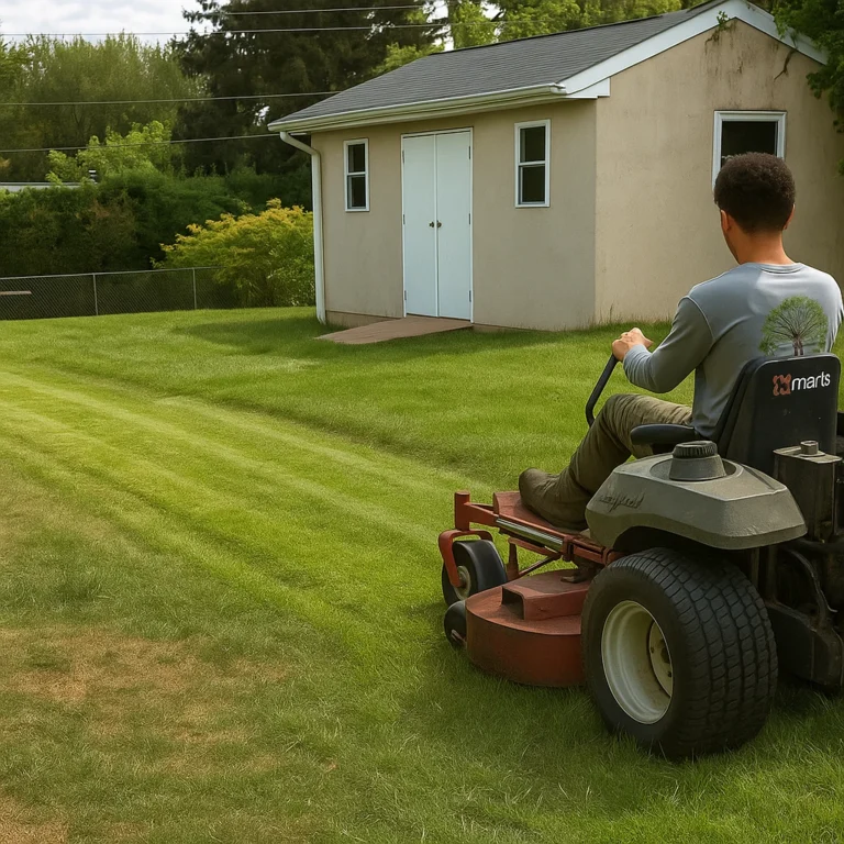 mowing near the street with the company truck visible