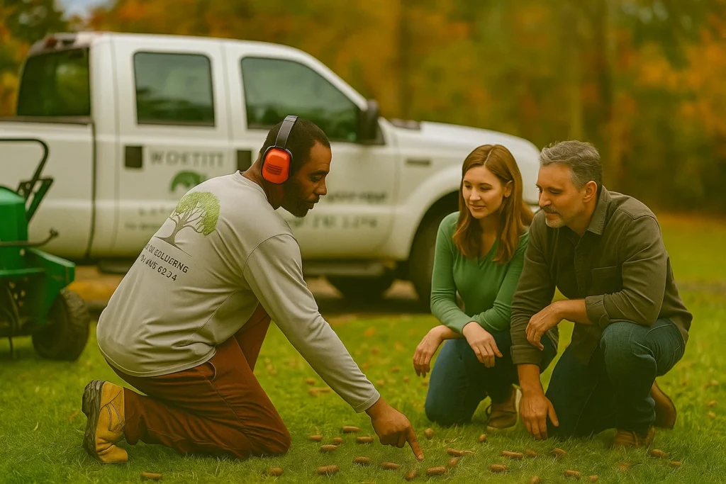 Lawn Aeration Services by Worthy Landscaping In Delaware County with a technician holding fresh soil plugs and explaining core aeration results to a homeowner couple on their lawn.