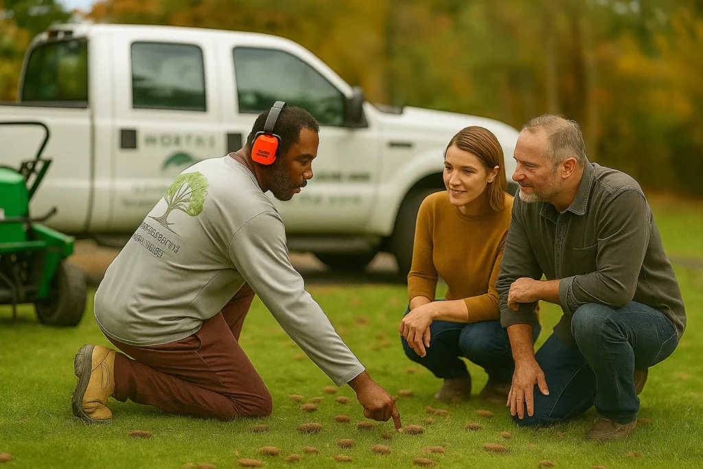 Lawn Aeration Services by Worthy Landscaping In Chester County showing a left frame of compacted lawn and a right frame of deep green grass after professional aeration and overseeding treatment.