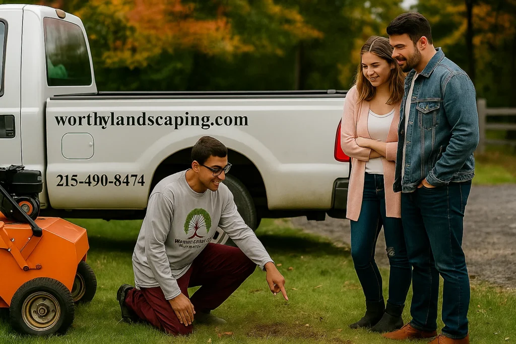 Lawn Aeration Services by Worthy Landscaping In Delaware County with a technician crouched next to scattered soil plugs while the homeowners lean in to see the results of aeration.