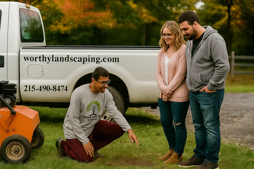 Lawn Aeration Services by Worthy Landscaping In Delaware County capturing a consultation moment where a lawn specialist holds a soil plug next to the aerator and talks with the couple.