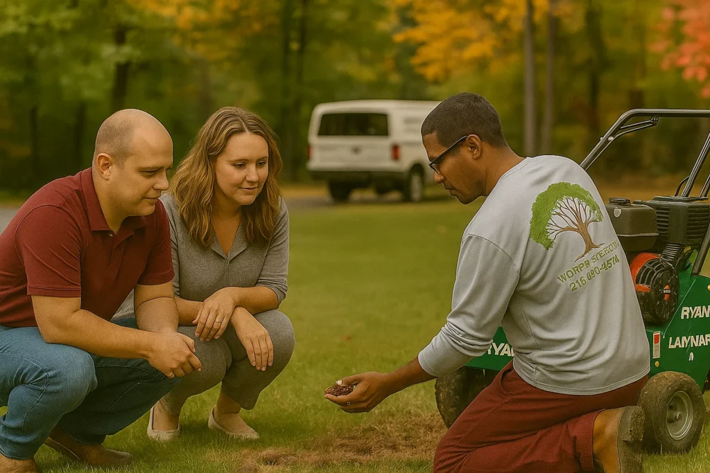 Lawn Aeration Services by Worthy Landscaping In Montgomery County featuring a close side view of a core aerator in motion beside a Worthy Landscaping truck wrapped in company branding.