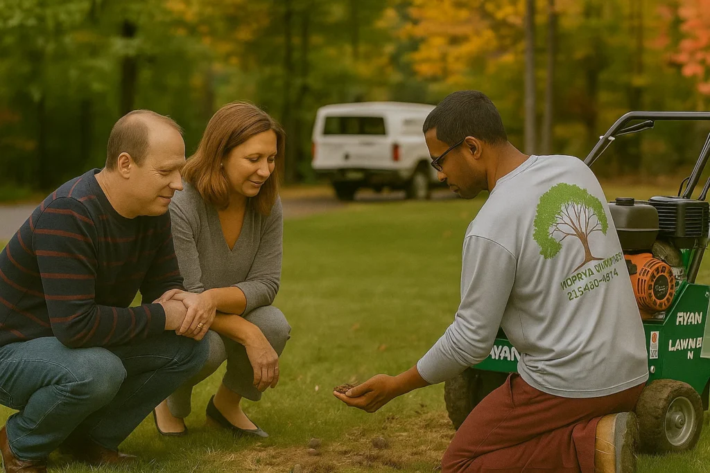 Lawn Aeration Services by Worthy Landscaping In Delaware County with a couple standing barefoot on their aerated lawn as the lawn expert explains soil plugs and watering schedule.