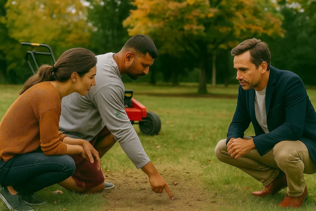 Lawn Aeration Services by Worthy Landscaping In Montgomery County as a crew member focuses on straight aeration lines while the branded pickup sits framed by trees at sunset.